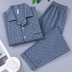 批发秋季新款睡衣男士长袖长裤仿棉翻领宽松大码家居服套装