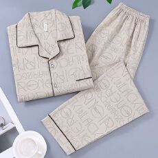 批发秋季新款睡衣男士长袖长裤仿棉翻领宽松大码家居服套装