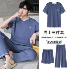 批发2026年新款纯棉睡衣男士夏季短袖短裤长裤三件套可外穿家居服套装