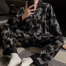 批发春夏新款睡衣男纯棉拉架休闲家居服套装