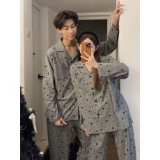 批发春季新款纯棉简约星星印花情侣男女睡衣套装