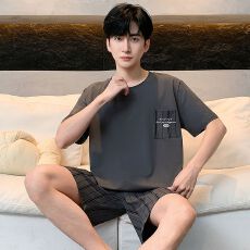 批发男士睡衣2026年夏季纯棉双短青年睡衣男家居休闲家居服套装