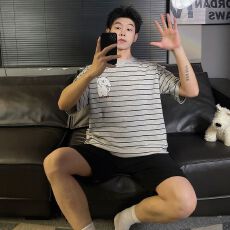 批发夏季新款睡衣男士拉架仿棉圆领套头短袖短裤卡通舒适家居服套装