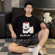 批发夏季新款睡衣男士拉架仿棉圆领套头短袖短裤卡通舒适家居服套装