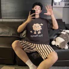 批发夏季新款睡衣男士拉架仿棉圆领套头短袖短裤卡通舒适家居服套装