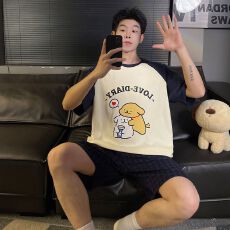 批发夏季新款睡衣男士拉架仿棉圆领套头短袖短裤卡通舒适家居服套装