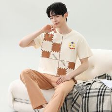 批发夏季新款<b class='q'>睡衣</b>男拉架仿<b class='q'>棉</b>圆领短袖长裤休闲套装可外穿家居服