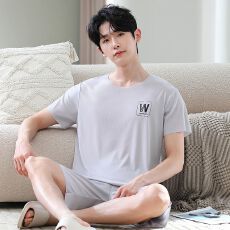 批发夏季新款男士睡衣冰丝罗纹无痕凉感圆领套头短袖短裤家居服可外穿