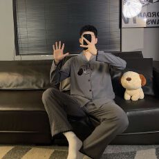 2026春季新款男士翻领开扣云朵棉日式开衫睡衣卡通绣花家居服套装