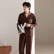 批发<b class='q'>睡衣</b>男  棕色 楼兰缎男装双长<b class='q'>套装</b> L-3XL四码