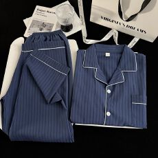 批发泡泡皱棉<b class='q'>睡衣</b><b class='q'>男士</b>长袖长裤开衫春秋季韩版条纹可外穿家居服套装