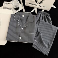 批发泡泡皱棉<b class='q'>睡衣</b><b class='q'>男士</b>长袖长裤开衫春秋季韩版条纹可外穿家居服套装