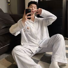 批发春秋睡衣男纯棉翻领开衫套装<b class='q'>韩版</b>长袖长裤卡通家居服两件套
