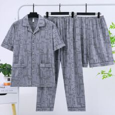 批发<b class='q'>男士</b><b class='q'>睡衣</b>夏天款仿棉三件套翻领开衫短袖短裤长裤休闲薄款家居服装