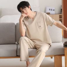 批发夏季新款<b class='q'>男士</b>莫代尔短袖长裤两件套休闲简约V领套头家居服可外穿