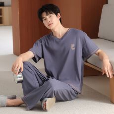 批发夏季新款<b class='q'>男士</b>莫代尔短袖长裤两件套休闲简约V领套头家居服可外穿