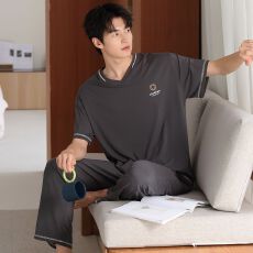 批发夏季新款<b class='q'>男士</b>莫代尔短袖长裤两件套休闲简约V领套头家居服可外穿