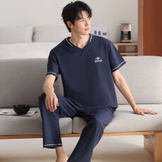 批发夏季新款<b class='q'>男士</b>莫代尔短袖长裤两件套休闲简约V领套头家居服可外穿