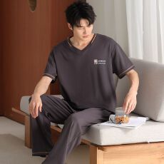 批发夏季新款<b class='q'>男士</b>莫代尔短袖长裤两件套休闲简约V领套头家居服可外穿