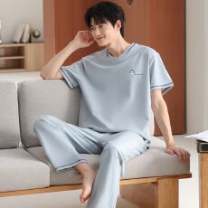 批发夏季新款<b class='q'>男士</b>莫代尔短袖长裤两件套休闲简约V领套头家居服可外穿