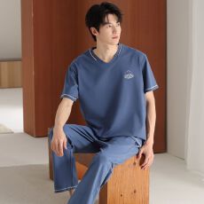 批发夏季新款<b class='q'>男士</b>莫代尔短袖长裤两件套休闲简约V领套头家居服可外穿