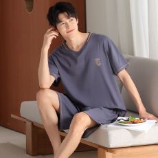 批发夏季新款<b class='q'>男士</b>莫代尔短袖短裤两件套休闲简约V领套头家居服可外穿