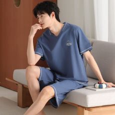 批发夏季新款<b class='q'>男士</b>莫代尔短袖短裤两件套休闲简约V领套头家居服可外穿