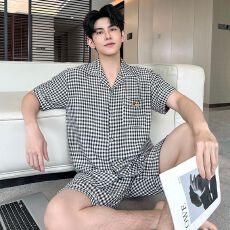 批发夏季新款<b class='q'>男士</b>云朵棉（天丝爽棉）短袖短裤开衫翻领绣花<b class='q'>睡衣</b>