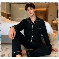 批发春季云朵棉男士大码宽松睡衣简约纯色翻领开衫家居服套装