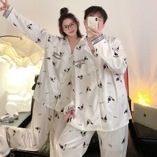 批发冰雪丝情侣睡衣女春秋款冰丝长袖薄款真丝绸家居服春夏季男士套装