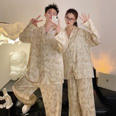 批发冰雪丝情侣睡衣女春秋款冰丝长袖薄款真丝绸家居服春夏季男士套装