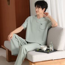 批发【L-4XL】夏季新款莫代尔男士<b class='q'>短袖</b>长裤套头睡衣运动休闲男家居服
