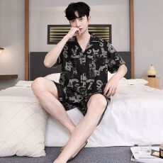 批发冰丝睡衣男士夏季短袖休闲薄款宽松青少年透气亲肤可外穿居服套装