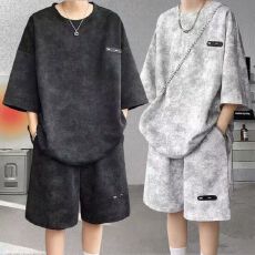 夏季套装男小众设计感扎染五分袖t恤短裤潮流酷帅大码男装一整套