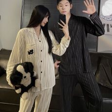 批发条纹黑猫【仿棉日系<b class='q'>情侣</b><b class='q'>睡衣</b>男女春秋季<b class='q'>长袖</b>卡通刺绣小黑猫家居服