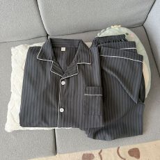 批发春秋爆款条纹睡衣男泡泡棉绉布薄款翻领<b class='q'>长袖</b>简约<b class='q'>男士</b>家居服套装