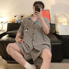 批发夏季新款男士色织云朵棉短袖短裤两件套卡通印花翻领开衫家居服