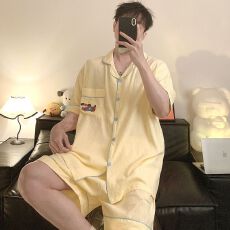 批发夏季新款男士色织云朵棉短袖短裤两件套卡通印花翻领开衫家居服