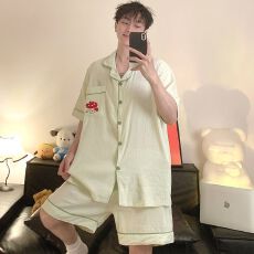 批发夏季新款男士色织云朵棉短袖短裤两件套卡通印花翻领开衫家居服