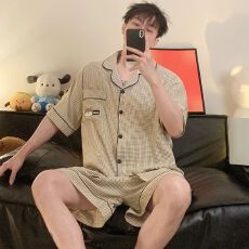批发夏季新款男士色织云朵棉短袖短裤两件套卡通印花翻领开衫家居服