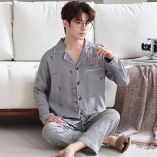 批发(实拍)男士云朵棉英文休闲宽松长袖长裤睡衣家居服套装