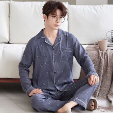 批发(实拍)男士云朵棉英文休闲宽松长袖长裤睡衣家居服套装