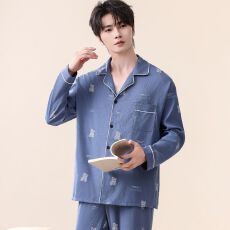 批发实拍)男士云朵棉英文休闲宽松长袖长裤睡衣家居服套装