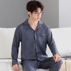 批发(实拍)男士云朵棉英文休闲宽松长袖长裤睡衣家居服套装