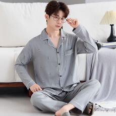 批发实拍)男士云朵棉英文休闲宽松长袖长裤睡衣家居服套装