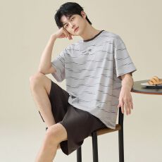 批发夏季睡衣男士纯棉薄款短袖短裤休闲两件套男款家居服套装