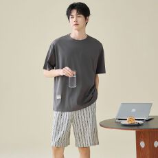 批发夏季睡衣男士纯棉薄款短袖短裤休闲两件套男款家居服套装