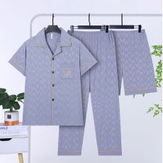 批发夏季薄款暗纹翻领家居服套装三件套<b class='q'>男士</b>云朵棉睡衣透气舒适开衫