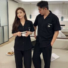 批发情侣夏季纯棉短袖长裤<b class='q'>两件套</b>睡衣简约绣花翻领开衫可外穿家居服