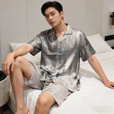 批发2026夏季新款<b class='q'>男士</b>睡衣冰雪丝短袖短裤两件套翻领开衫可外穿家居服